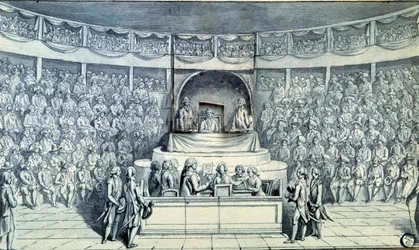 Révolution française : le roi Louis XVI (1754-1793) à la barre est interrogé par Antoine Barnave (1761-1793) lors de son procès devant la Convention nationale qui décidera de sa condamnation à mort le 21/01/1793. Dessin anonyme vers 1793. Paris, Musée du L