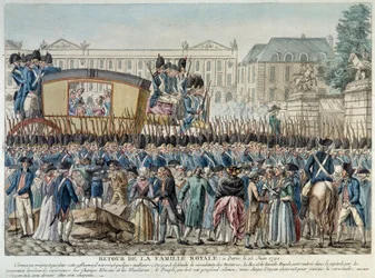 Révolution française : « Retour de la famille royale à Paris le 25/06/1791 » Le cortège traverse la Place de la Concorde. Gravure de l