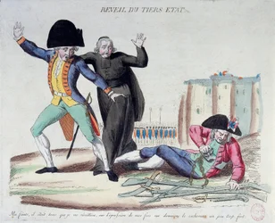 Révolution française : le réveil du Tiers État. Caricature sur les trois ordres. Il se libère de ses chaînes sous les yeux effrayés de l
