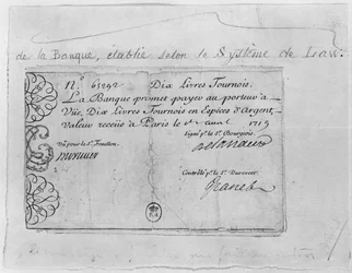 Billet de banque français de dix livres de la Banque Law, daté du 1er avril 1719
