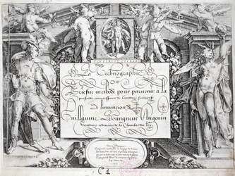 Calligraphie française : Technographie, frontispice par Guillaume Le Gangneur vers 1599. Bibliothèque Historique de la Ville de Paris