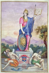 Frontispice illustration allégorique de la déesse Minerve de Les Panégyriques des Hommes Illustres de Notre Siècle par Puget de la Serre, 1655