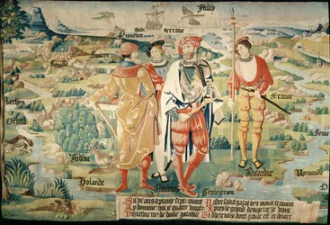 Galathes, 11e roi des Gaules avec une carte de la Gaule en arrière-plan, détail d