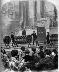 Jeu de hasard : tirage de la Loterie nationale dans la salle des fêtes du Trocadéro le 6 janvier 1879 à Paris. Gravure dans « Le Monde Illustré » no 1140 du 1er février 1879.