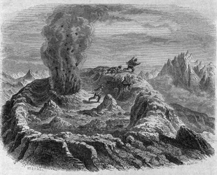Éruption de gaz du volcan Antujo au Chili. Gravure par Freeman dans "The Picturesque Magasin"