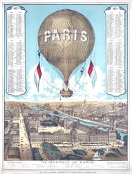 Vue générale de Paris et liste des lieux de départ des ballons pendant le siège de Paris, 1871