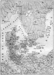 Carte géographique du Danemark en 1861, avec les duchés de Schleswig, Holstein et Lauenburg. Gravure dans « Le Monde Illustré » n°200 du 9 février 1861.