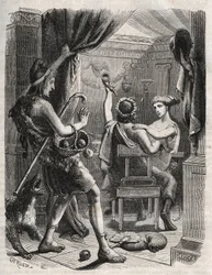 Mythologie grecque : "Ce cri fut poussé par Paris". Paris surprend Hélène avec Périthoos. Gravure de 1871 dans "Histoire Des Cocus Célèbres" par Henry de Kock