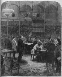 Grève des cochers de charrettes de Paris en 1878 : élection de délégués à la compagnie des Petites Voitures au cirque Fernando. Gravure dans "Le Monde Illustré" n°1116 du 17 août 1878.
