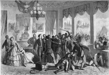 Guerre hispano-sud-américaine - Lima (Pérou) - 5 février 1865 : les Espagnols blessés et poursuivis par la population de la ville se réfugient à la légation française. Gravure dans "Le Monde Illustré" n°421 du 6 mai 1865