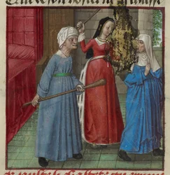 Miniature de Beauté et Laideur combattant Chasteté du Roman de la Rose, c.1490-1500