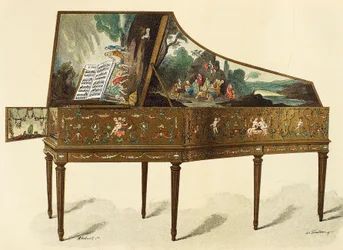 Clavecin décoré de grotesques, illustration du Dictionnaire du mobilier et de la décoration, par Henry Havard, Volume I