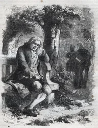 Jean-Jacques Rousseau surprend sa compagne Marie-Thérèse Le Vasseur en plein adultère. Gravure de 1871 dans "Histoire Des Cocus Célèbres" de Henry de Kock