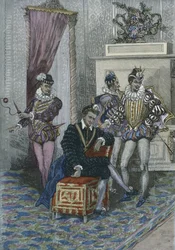 Henri III (1551-89) et ses favoris (gravure en couleur)