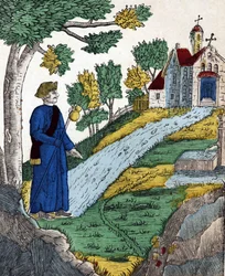 Histoire des quatre fils Aymon; Maugis, après avoir fait Charlemagne prisonnier, se rendit dans un ermitage pour y faire pénitence, image d