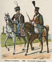 Hussards 1er vendémiaire An XII (24 septembre 1803) : Officier, 2e hussards et 9e hussards en grande tenue en 1806. Planche du livre Les Uniformes de l