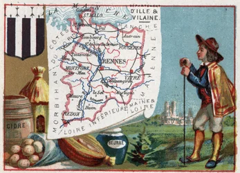 Ille-et-Vilaine (35), Bretagne, France. Cidre et beurre. Série sur les départements français. Chromolithographie « le fil géographique », vers 1920. Collection privée.