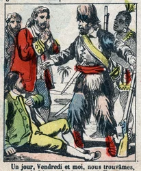 Illustration pour le livre de Daniel Defoe "Robinson Crusoé". Imagerie d