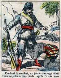 Illustration pour le livre de Daniel Defoe « Robinson Crusoé ». Imagerie d