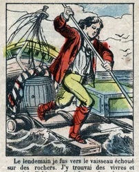 Illustration pour le livre de Daniel Defoe « Robinson Crusoé ». Imagerie d
