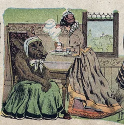Illustration pour le conte « La Belle et la Bête » : elle devait lui prodiguer ses soins pendant de longues semaines. Gravure de l