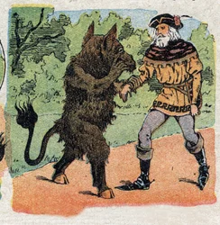 Illustration pour le conte « La Belle et la Bête » : la Bête demande au marchand, juste en train de cueillir une rose, sa vie ou celle de l
