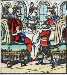 Illustration du conte de Charles Perrault « Le Chat Botté ». Gravure sur bois d