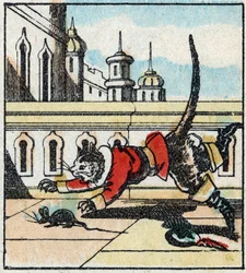 Illustration du conte de Charles Perrault « Le Chat Botté ». Gravure sur bois de l