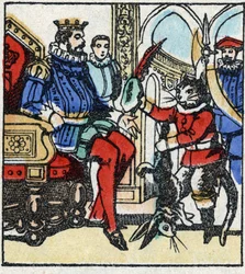 Illustration du conte "Le Chat Botté" de Charles Perrault. Gravure sur bois de l