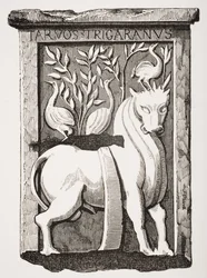 Image du Saint Bœuf monument celtique trouvé sous le chœur de la cathédrale Notre-Dame de Paris en 1711, de Le Moyen Age et La Renaissance par Paul Lacroix (1806-84) publié en 1847