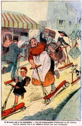 Dans le futur, la vie augmentant en intensité et en vitesse, tout le monde ira à ses affaires en scooter. 1919 (gravure)
