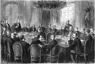 Congrès international de la guerre, Bruxelles, juillet-août 1874 : les délégués de 15 États européens se réunissent pour discuter du projet d