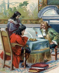 Entretien de Gottfried Wilhelm Leibniz (1646-1716), philosophe allemand avec Jacques-Bénigne Bossuet (1627-1704), théologien et écrivain français. chromolithographie.