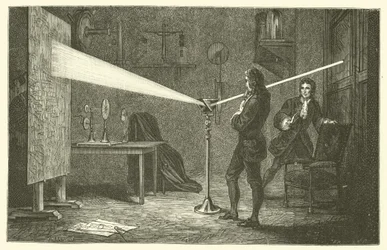 Isaac Newton décompose la lumière (gravure)