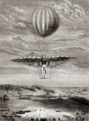 Ornithoptère de Jacob Degen de 1808 avec des clapets, dans lequel le pilote se tenait sur un cadre rigide et actionnait les ailes avec une barre horizontale mobile, de 