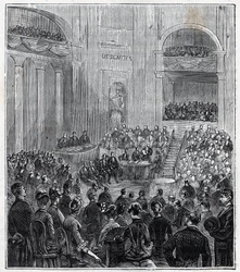 Jacques Babinet (1794 - 1872), physicien et astronome français à la séance solennelle des cinq Académies en 1840 - Gravure dans Sciences à la portée de tous - physique et chimie par Alexis Clerc - Fin du 19e siècle. Collection privée.