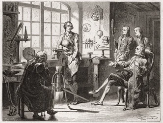 James Watt (inventeur de la machine à vapeur en 1769) dans son atelier de Glasgow - dans « Album de la Science; savants illustres; Grandes découvertes » 1896.