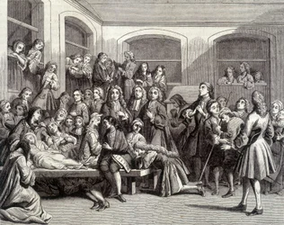 Jansénisme : les convulsionnaires du cimetière Saint-Médard sur la tombe du diacre Paris (1690-1727) où des « miracles » se sont produits. Gravure du 18ème siècle