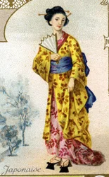Femme japonaise. Édition la lithographie parisienne, fin du 19e siècle. Série de 25 chromos publicitaires pour la manufacture de Biscuits Pernot de Dijon, créée en 1869. Détail des personnages en costume traditionnel