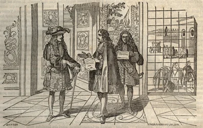 Jean Baptiste Colbert (Jean-Baptiste) (1619-1683) en réunion avec le roi Louis XIV et François Louvois (1641-1691) à Versailles - gravure d