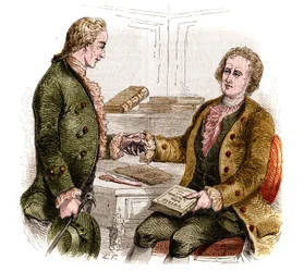Joseph de Maistre (1753-1821), homme politique, écrivain et philosophe français, et le comte Xavier de Maistre (1763-1852), officier et écrivain français avec le premier exemplaire de "Voyage autour de ma chambre". Dessin de forêt. Gravure de 1852.
