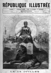 14 juillet : Allégorie de la République Française. Une femme couronnée de lauriers et tenant une épée. À ses pieds, un lion, une palme et la table des lois. Au-dessus, la devise de la République « Liberté, Égalité, Fraternité ». Sur les côtés, des intellec