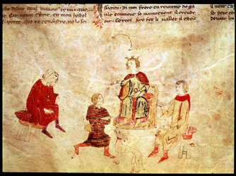 Le roi Arthur sur son trône entouré de ses conseillers, du Roman de Meliadus