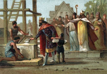 Le roi Dagobert Ier (600-639) supervisant la construction de la cathédrale Saint-Denis.