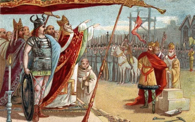 Le roi Dagobert Ier (605-639), roi mérovingien des Francs, de 629 à 634 pose la première pierre de la basilique de Saint-Denis en présence de Saint Éloi. Chromolithographie de la fin du 19ème siècle.