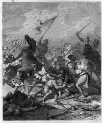 Roi Othon Ier de Germanie, dit le Grand (912-973) surpris par les rebelles à Rome. Gravure dans « Histoire des papes-rois-reines et empereurs à travers les siècles » par Maurice Lachatre