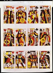 Roi, Reine et Valet jouant aux cartes (gravure sur bois en couleur)