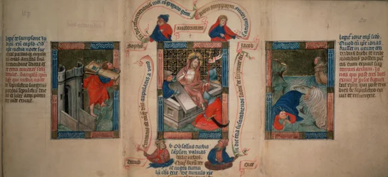 La Résurrection, Samson brisant les portes de Gaza, Jonas échappant de la baleine, de la Biblia Pauperum, début du 15ème siècle