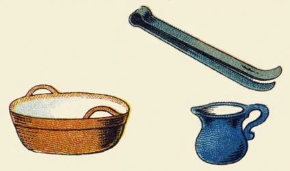 Ustensile de cuisine. Gravure dans "ABC indéchirable sur toile vernie". A. Capendu, éditeur, Paris, fin XIXe siècle. Librairie enfantine illustrée.