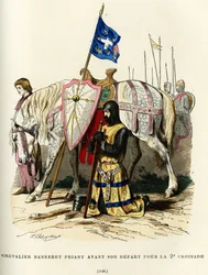 Chevalier banneret (titre nobiliaire donnant le droit de porter une bannière) priant avant son départ pour la deuxième croisade (1147-1149). Gravure en couleur, dans « France et les Français à travers les siècles » par Augustin Challamel, éditeur F.Roy, Pa